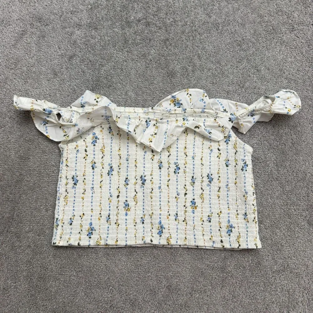 Wild Fable Smocked Cropped Off Shoulder Top Womens Large White Floral Ruffle
